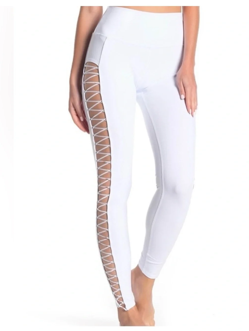 ALO Yoga White High-Waist Leggings with Lace-Up Side Panel small